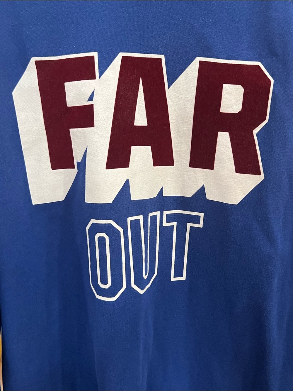 Old Navy Blue 'FAR OUT' Graphic Sweater with White and Burgundy Print